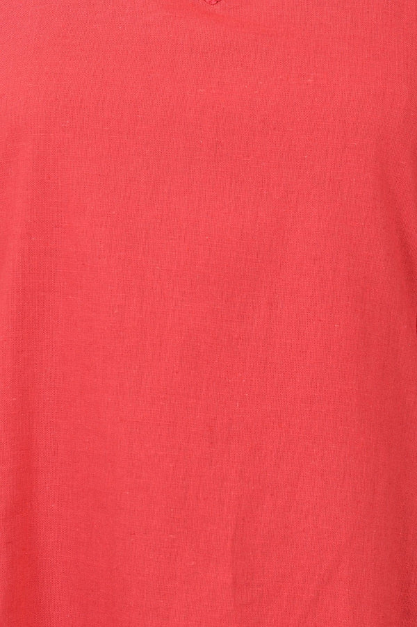 Red Solid Cotton Flax A-line Kurta