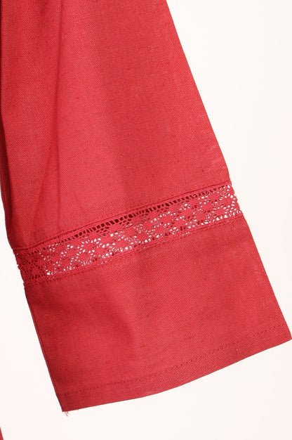 Red Solid Cotton Flax A-line Kurta