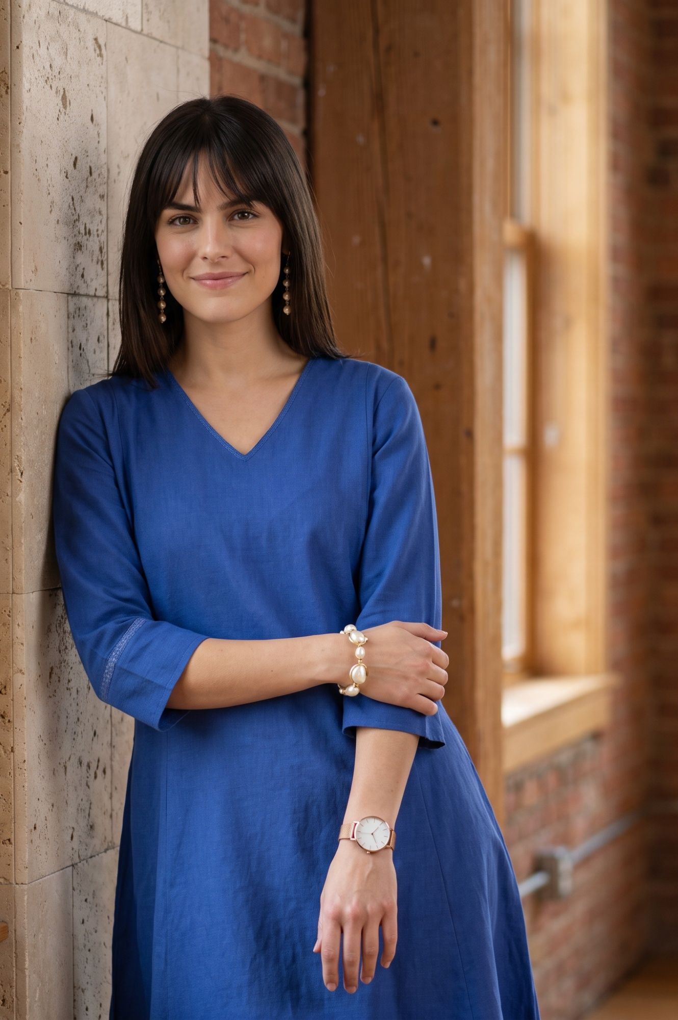 W Blue Solid Cotton Flax A-line Kurta