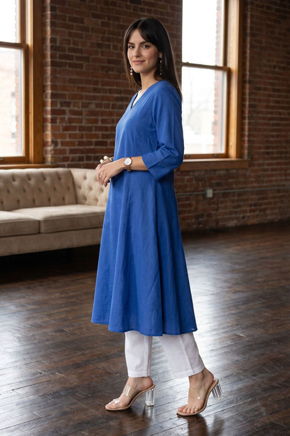 W Blue Solid Cotton Flax A-line Kurta
