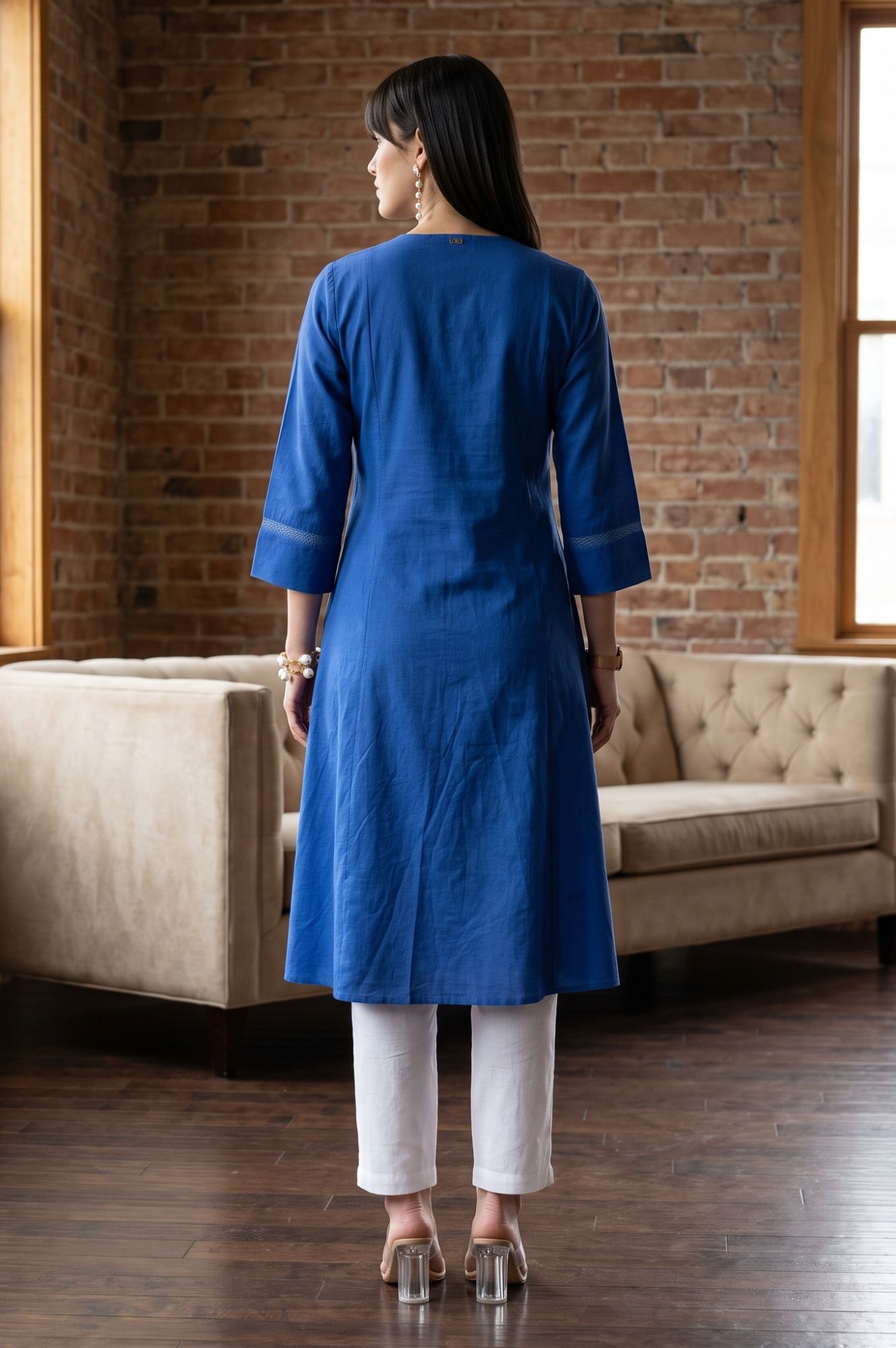 W Blue Solid Cotton Flax A-line Kurta