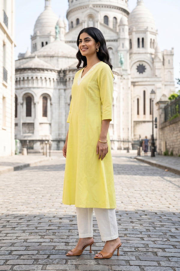 Yellow Embroidered A-line Kurta