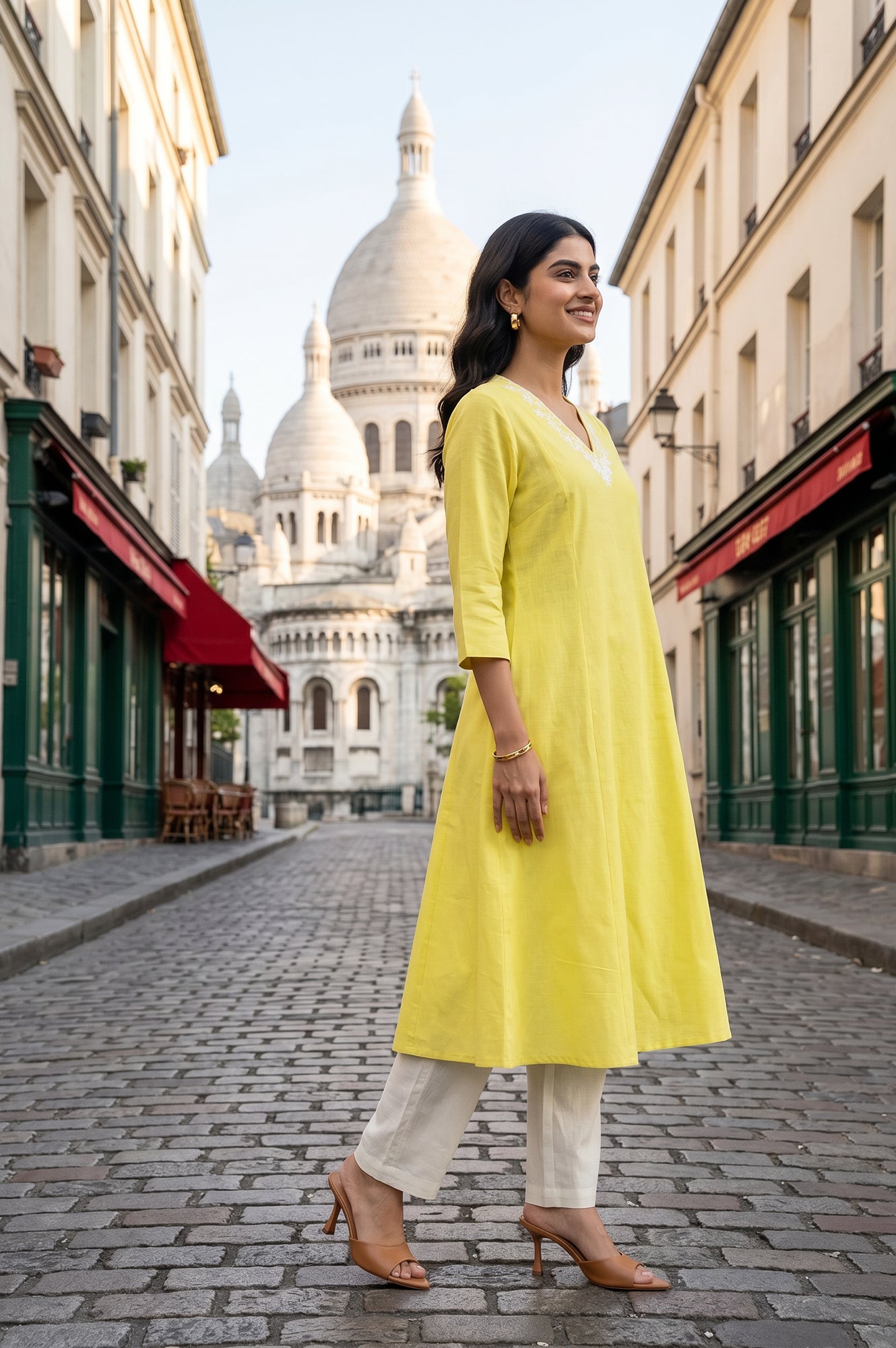 Yellow Embroidered A-line Kurta