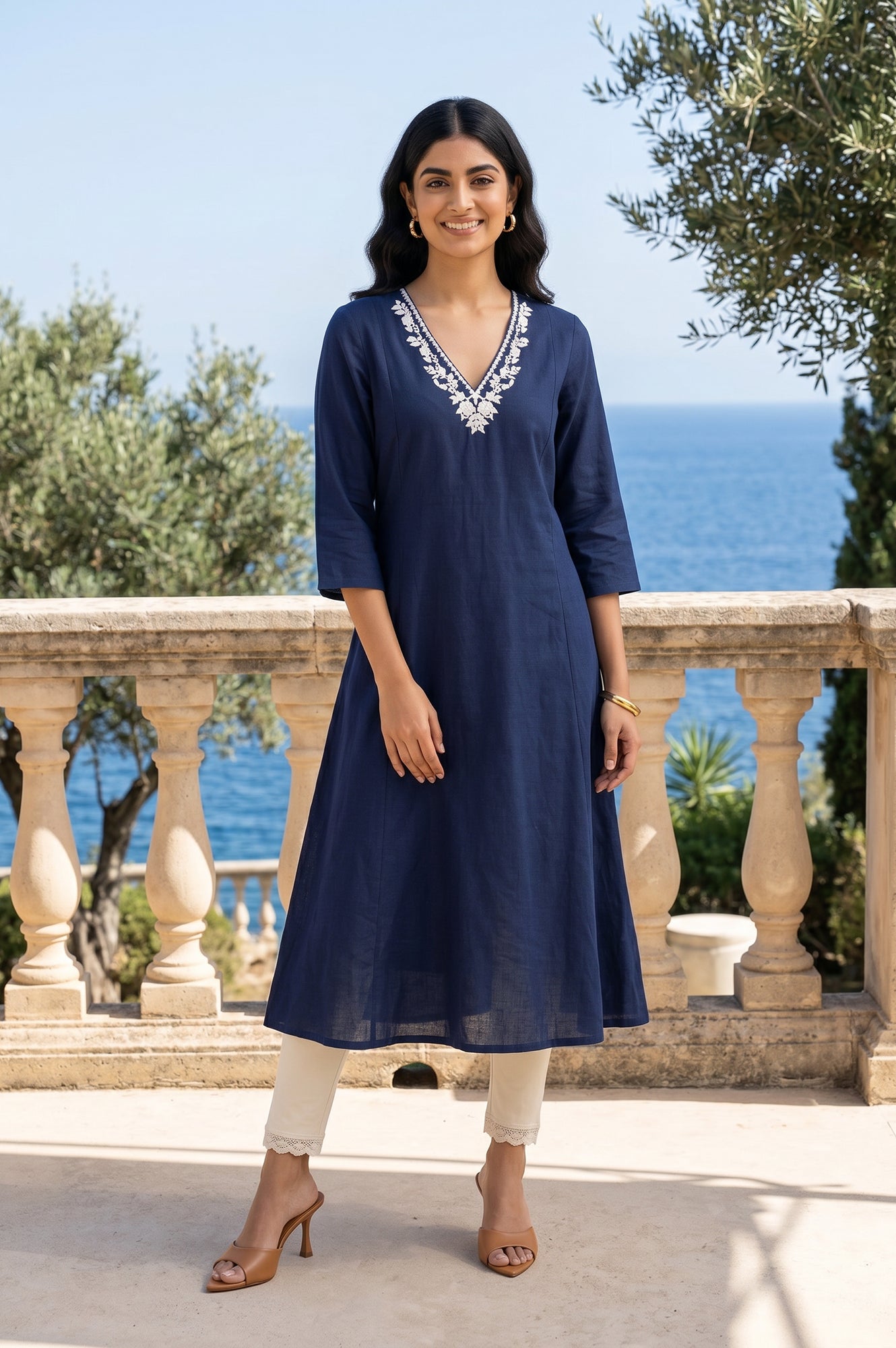Navy Blue Embroidered A-line Kurta