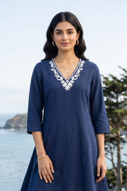 Navy Blue Embroidered A-line Kurta