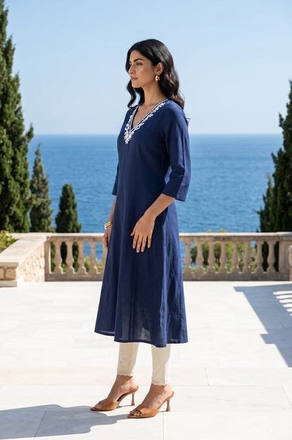 Navy Blue Embroidered A-line Kurta