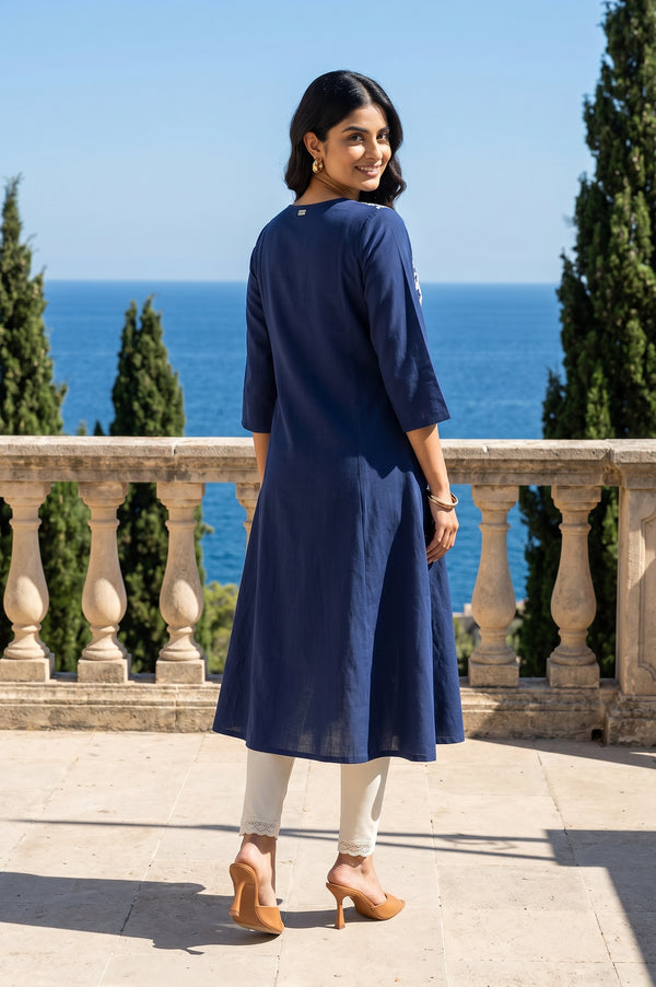 Navy Blue Embroidered A-line Kurta