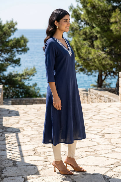 Navy Blue Embroidered A-line Kurta