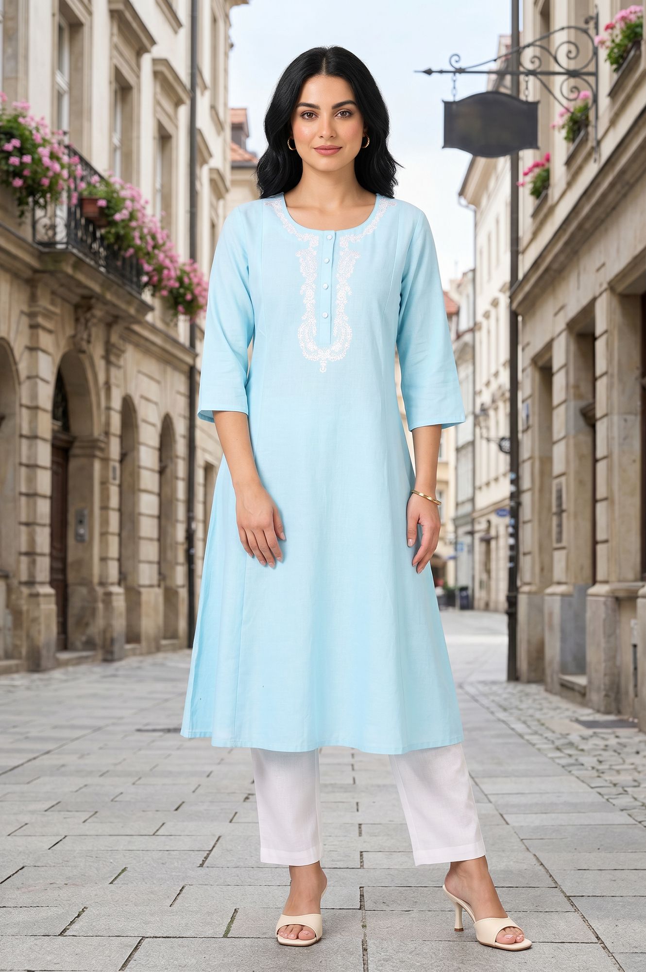 Blue Embroidered Cotton Flax A-line Kurta