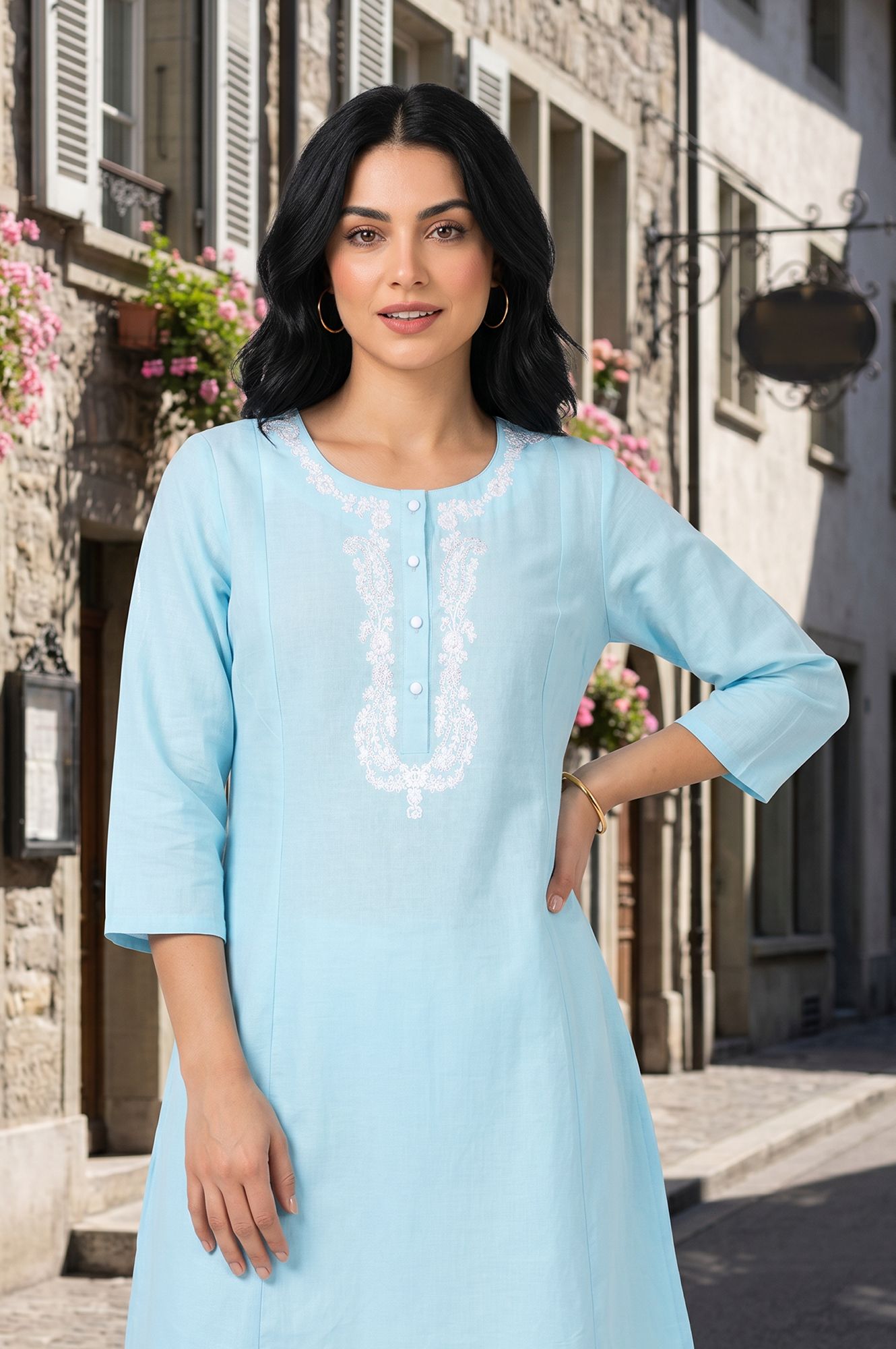 Blue Embroidered Cotton Flax A-line Kurta