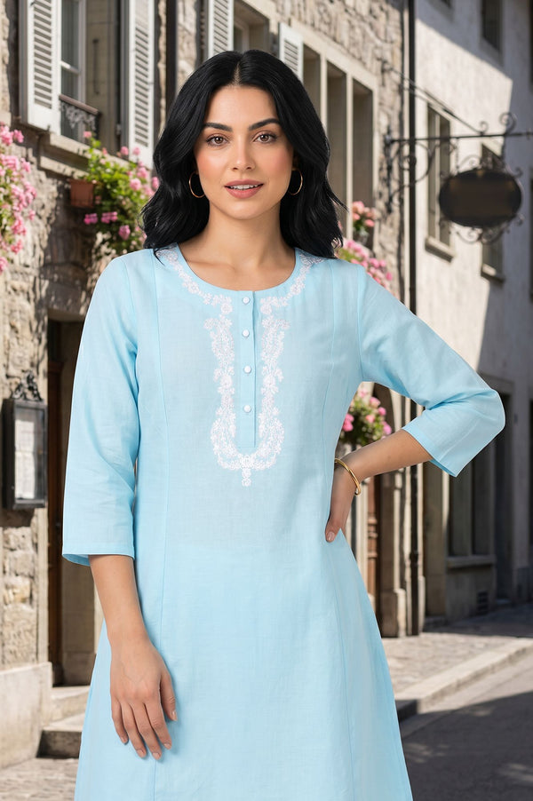 Blue Embroidered Cotton Flax A-line Kurta