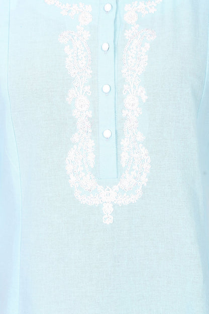 Blue Embroidered Cotton Flax A-line Kurta