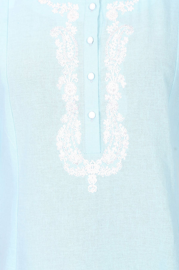 Blue Embroidered Cotton Flax A-line Kurta