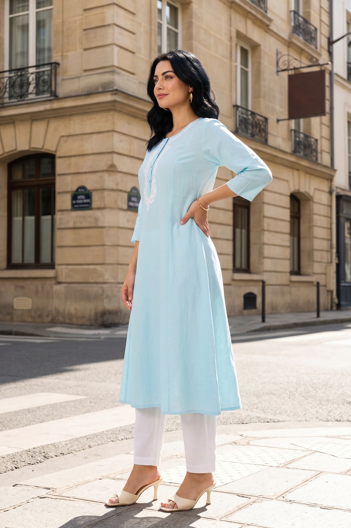 Blue Embroidered Cotton Flax A-line Kurta