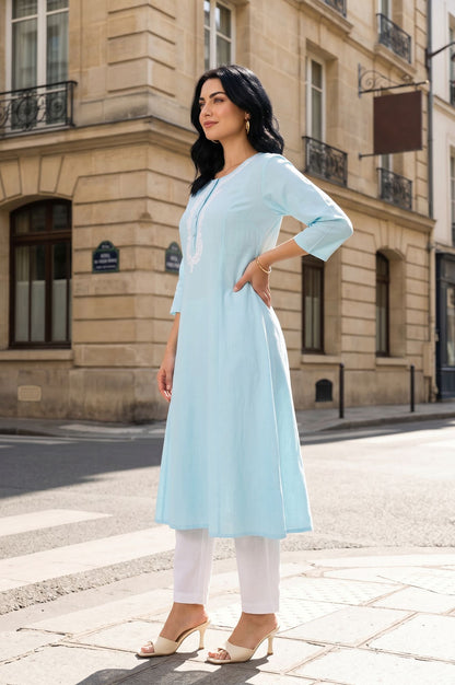 Blue Embroidered Cotton Flax A-line Kurta