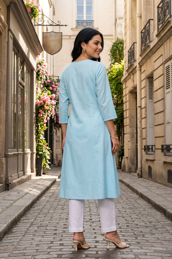 Blue Embroidered Cotton Flax A-line Kurta