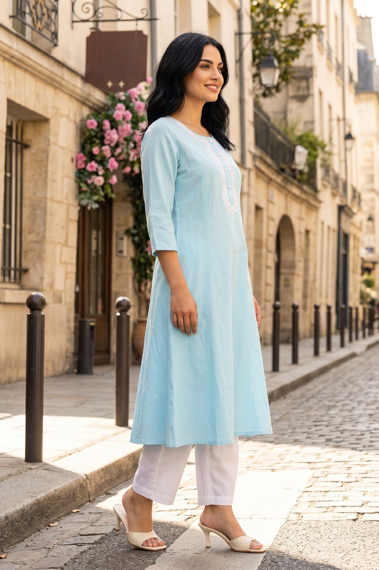 Blue Embroidered Cotton Flax A-line Kurta