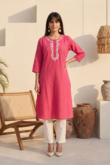 Pink Embroidered Cotton Flax Straight Kurta