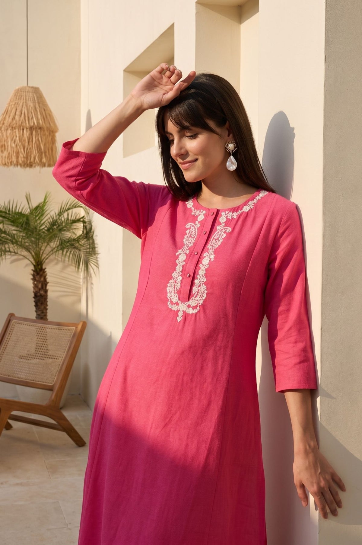 Pink Embroidered Cotton Flax Straight Kurta