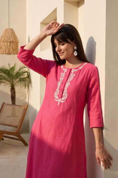 Pink Embroidered Cotton Flax Straight Kurta