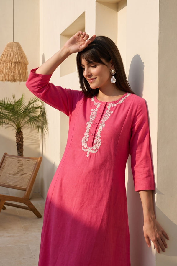 Pink Embroidered Cotton Flax Straight Kurta