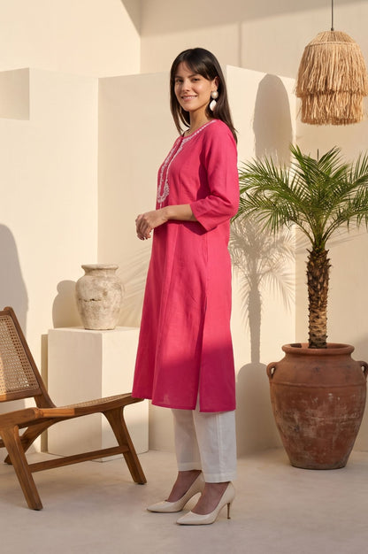 Pink Embroidered Cotton Flax Straight Kurta