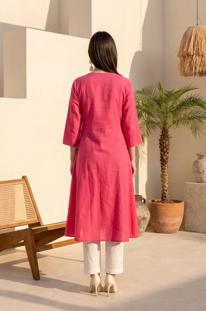 Pink Embroidered Cotton Flax Straight Kurta