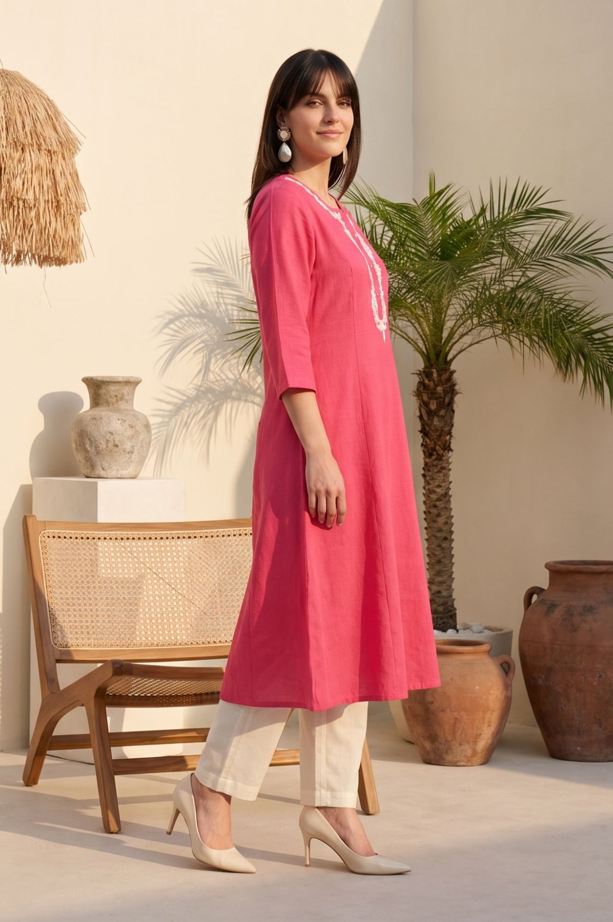 Pink Embroidered Cotton Flax Straight Kurta
