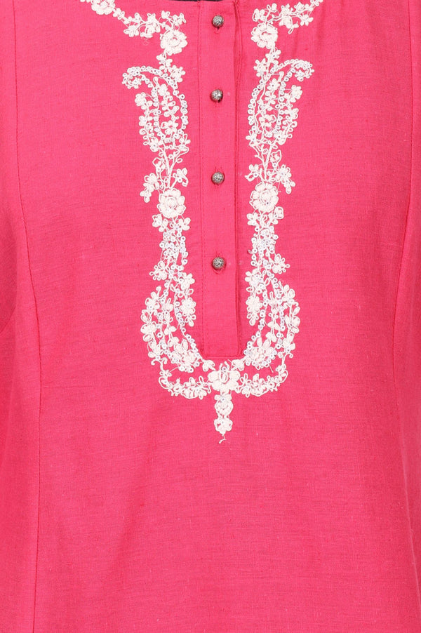 Pink Embroidered Cotton Flax Straight Kurta
