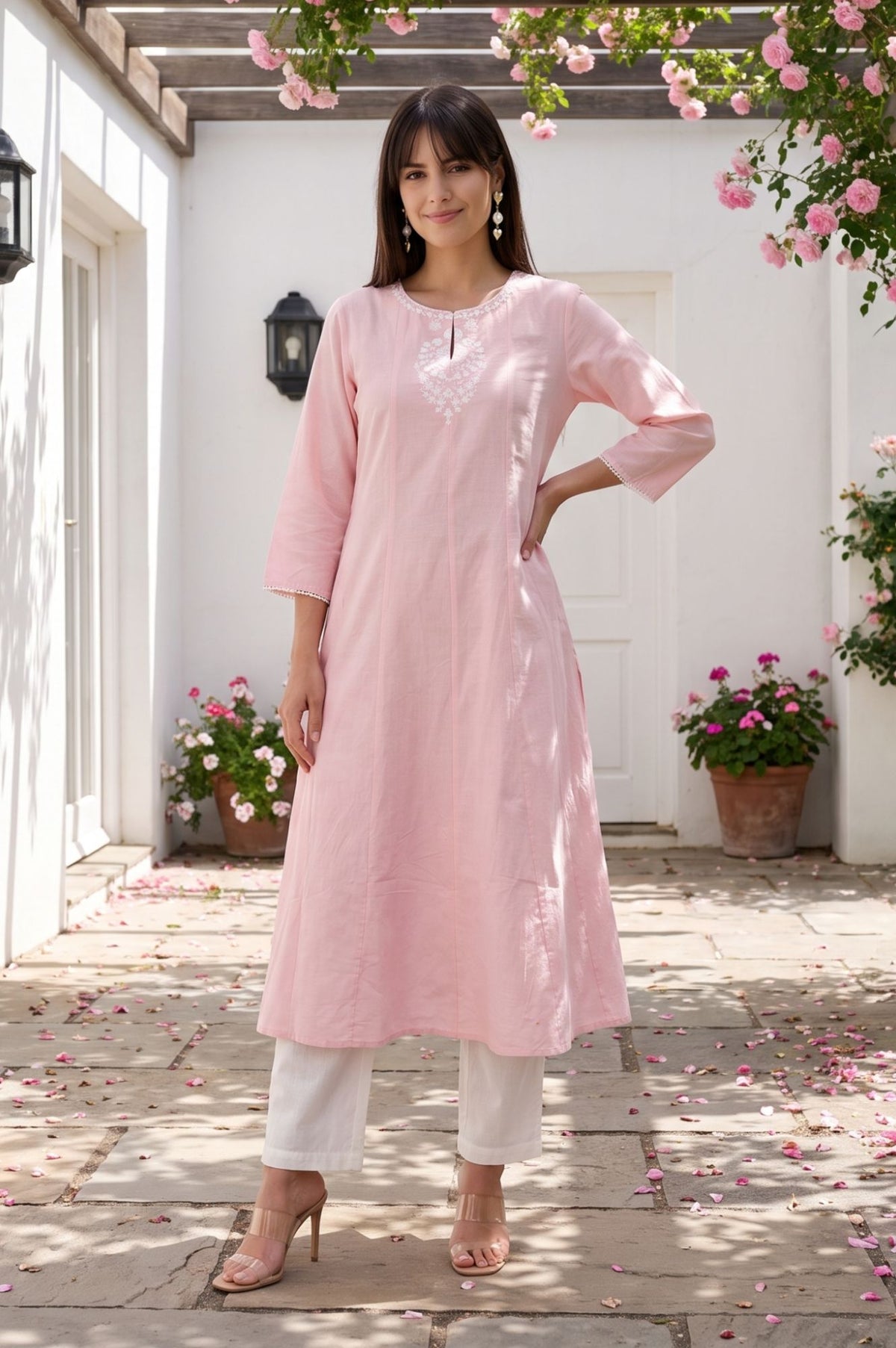 Pink Embroidered Cotton Flax A-line Kurta