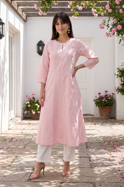 Pink Embroidered Cotton Flax A-line Kurta