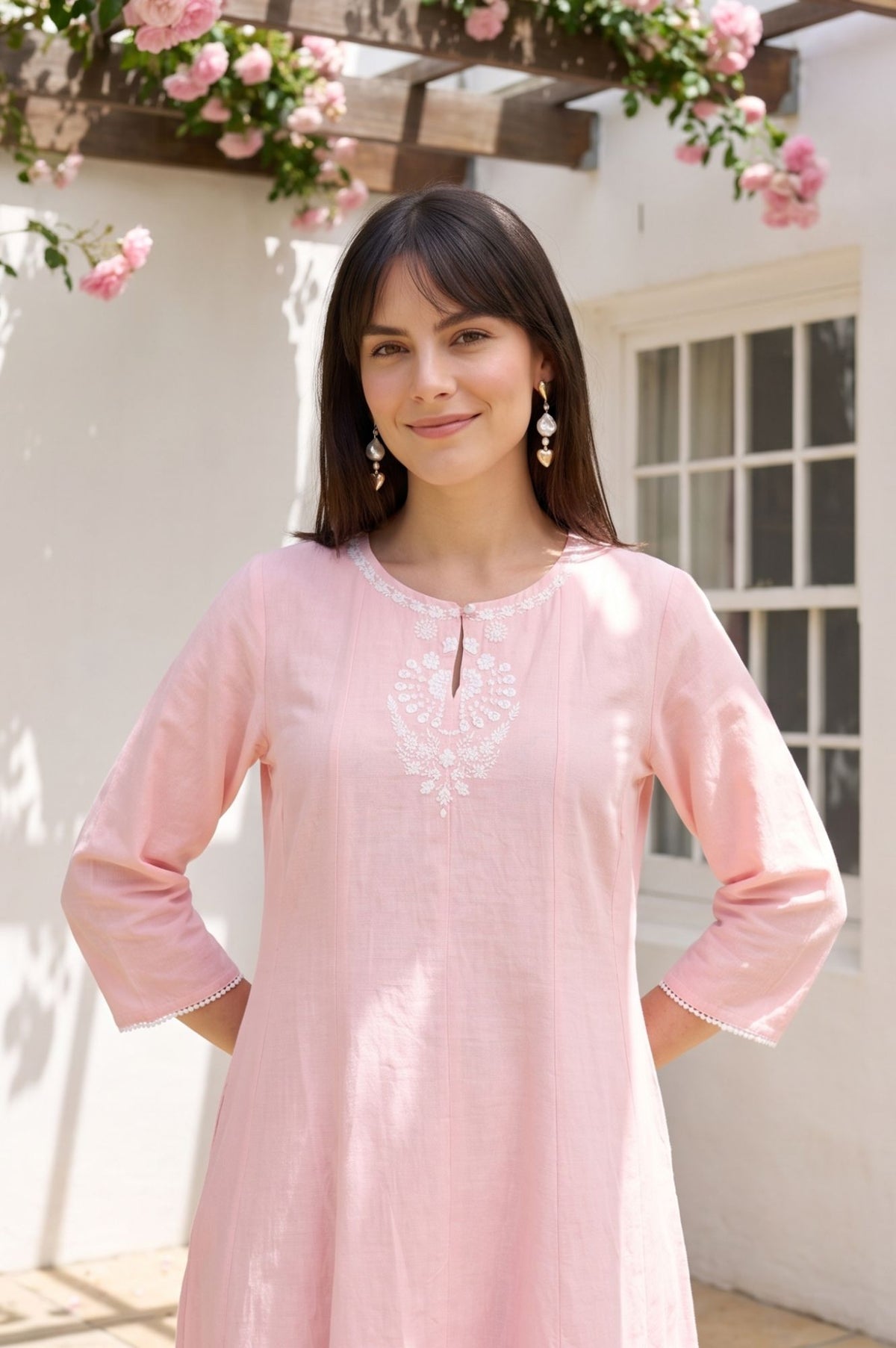 Pink Embroidered Cotton Flax A-line Kurta