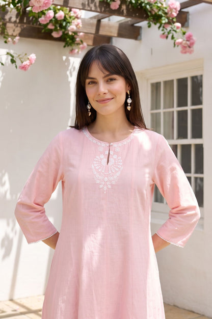 Pink Embroidered Cotton Flax A-line Kurta