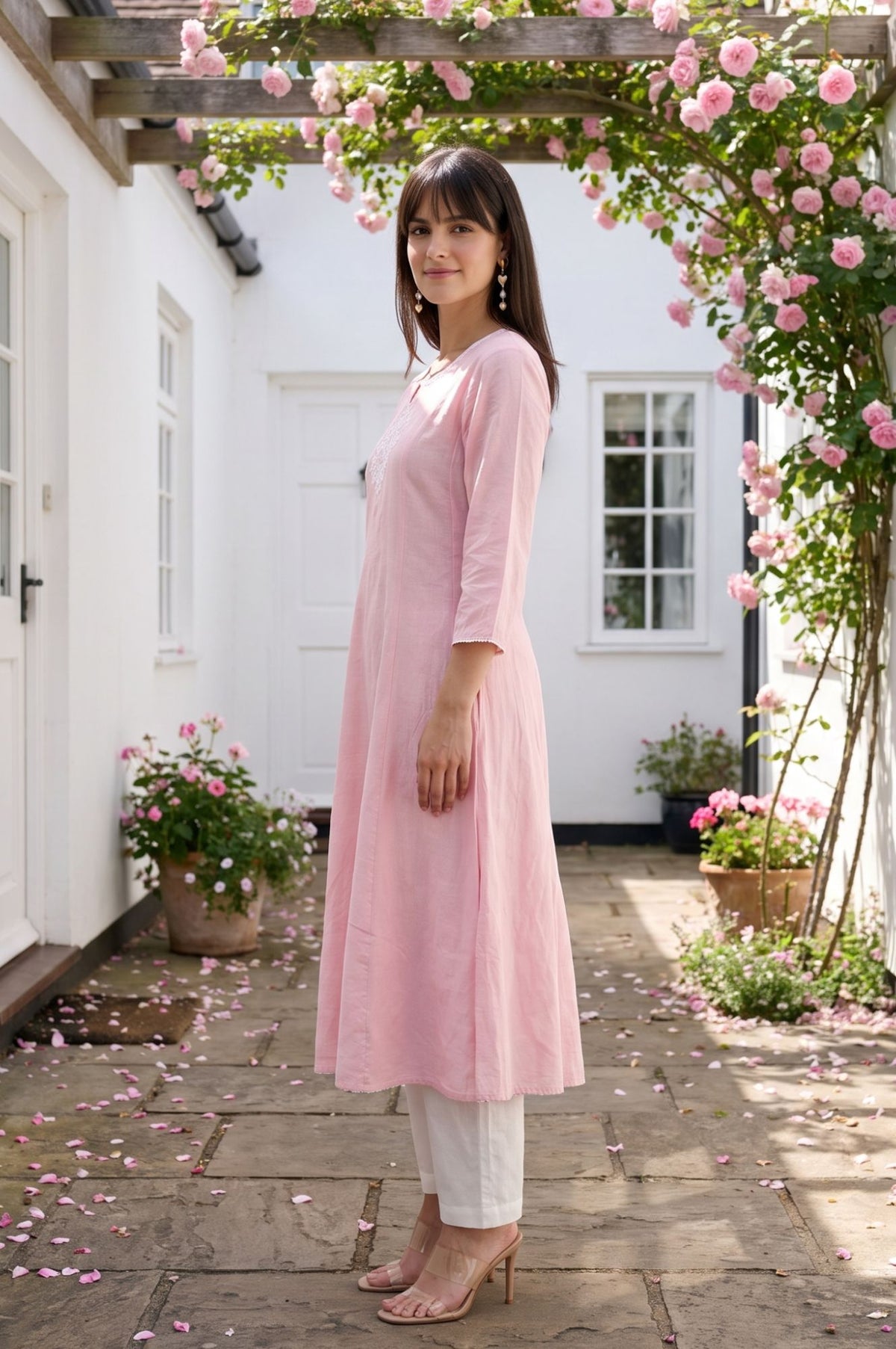 Pink Embroidered Cotton Flax A-line Kurta
