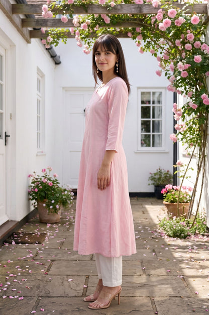 Pink Embroidered Cotton Flax A-line Kurta