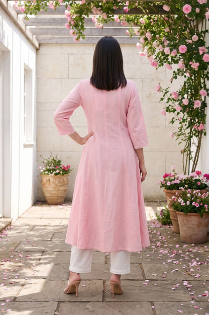 Pink Embroidered Cotton Flax A-line Kurta