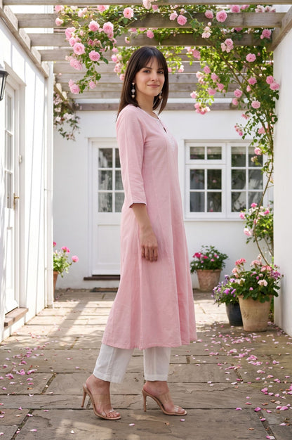 Pink Embroidered Cotton Flax A-line Kurta