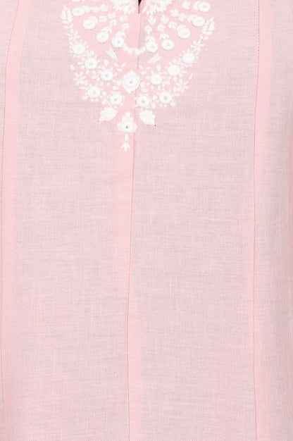 Pink Embroidered Cotton Flax A-line Kurta