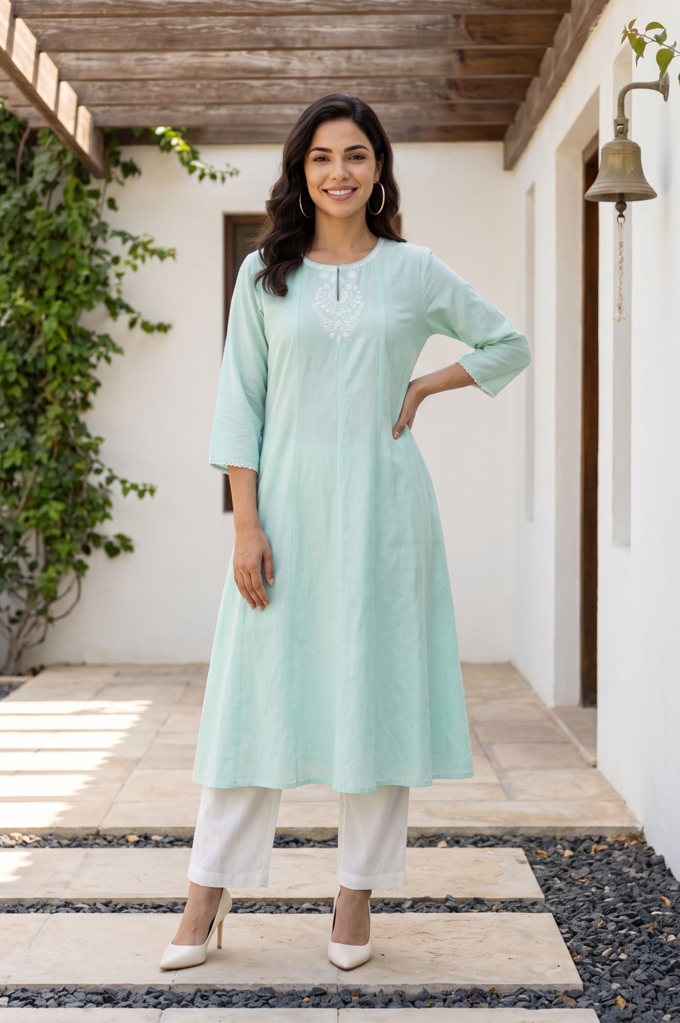 W Sea Green Embroidered Cotton Flax A-line Kurta