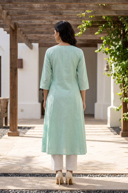 W Sea Green Embroidered Cotton Flax A-line Kurta