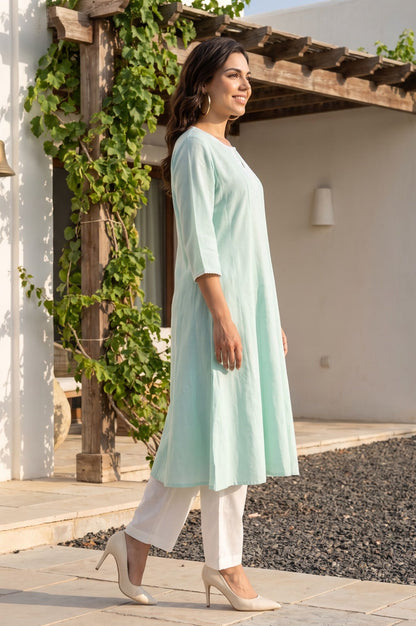 W Sea Green Embroidered Cotton Flax A-line Kurta