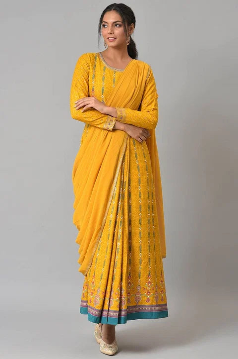 Yellow Glitter Printed Festive Pre-drape Saree Dress with Belt