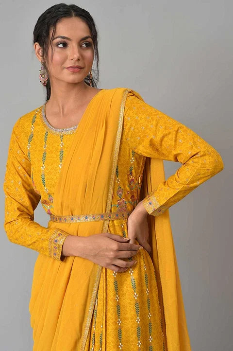 Buy Yellow Glitter Printed Festive Pre-drape Saree Dress with Belt Online for Woman | WforWoman Buy Yellow Glitter Printed Festive Pre-drape Saree Dress with Belt Online for Woman | WforWoman