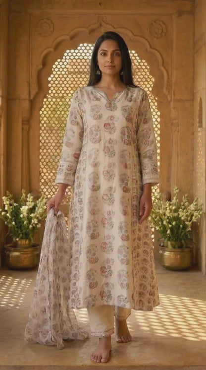 Off-White Floral Printed Silk Blend A-Line Kurta with Straight Pant and Dupatta Set