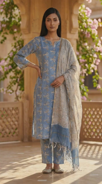 Blue Block Printed Pure Cotton Straight Kurta with Pants and Dupatta Set