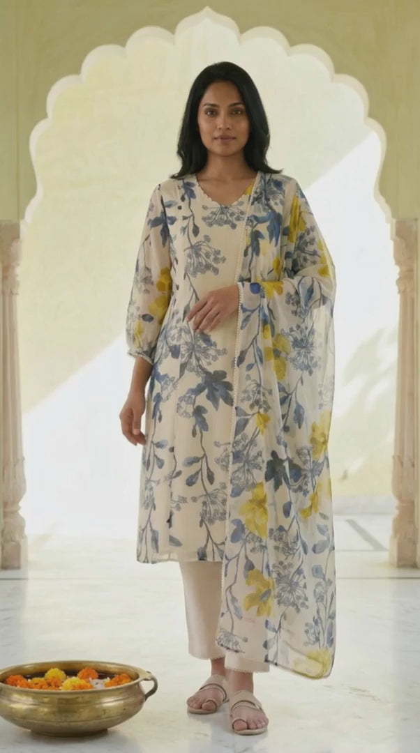 Ecru Floral Printed Chiffon Flared Kurta, Pants and Dupatta Set