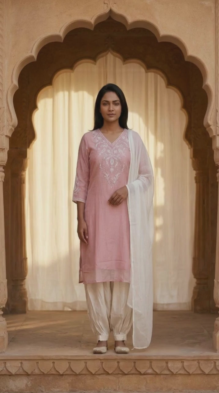 Rose Pink Zari Embroidered Cotton Blend Straight Kurta with Salwar and Dupatta Set