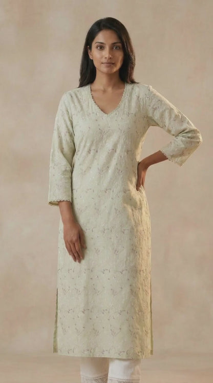 Green Chikankari Pure Cotton Straight Kurta