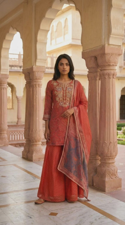 Red Zari Embroidered Paisley Printed Chanderi Straight Kurta with Sharara and Dupatta Set