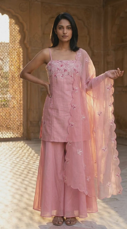 Pink Thread Embroidered Chanderi Noodle Straps Straight Kurta with Sharara and Dupatta Set